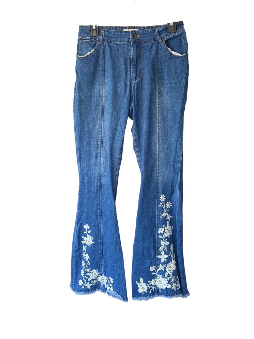 Chelsea & Violet Size 8 Floral Embroidered High Rise Flare Bell Bottom Jeans - Picture 2 of 3